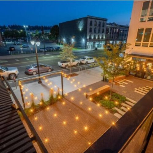 The view of the rooftop deck at night.