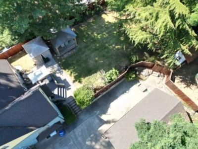 Ariel View Of Backyard | Private Hot Tub With Curtains | Gazebo Al Fresco Dining