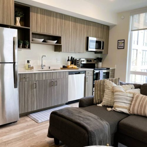 Cooking meals is a breeze in the fully stocked kitchen.