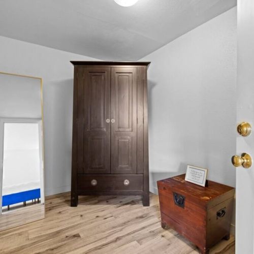 Large walk-in closet has room to store all of your travel accessories.