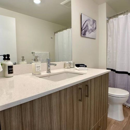 A spacious Full Bathroom features an extra wide quartz vanity.