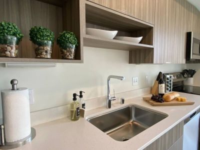 The luxury design includes quartz countertops throughout.