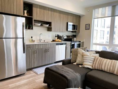 Cooking meals is a breeze in the fully stocked kitchen.