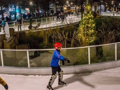 Riverfront Park-The Skate Ribbon features a 16-foot wide and 650-foot long track, complete with a 3,500-square-foot connected pond. Winter ice skating. Summer roller skate/blading.