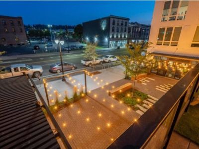 The view of the rooftop deck at night.