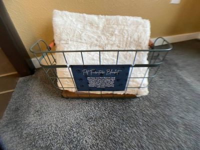 We love our Pet Guests and provide a pet furniture blanket so that your furry family member can still snuggle on the couch with you.