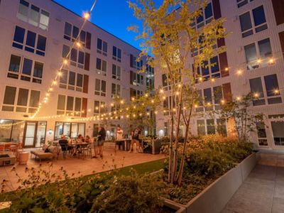 Outdoor lighting creates a great ambiance for dining under the stars.