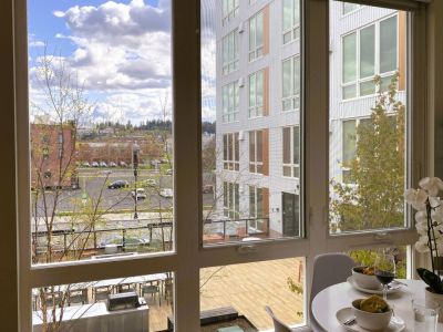 A perfect view of the rooftop deck. All windows have full lenth blackout shades