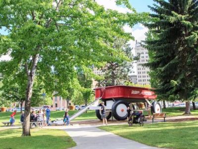 Riverfront Park-The Red Wagon Meadow is home to one of Spokane’s most cherished pieces of public art–The Childhood Express. The sculpture is a 12-foot-high, 12-foot-wide, and 27-foot-long. Kids enjoy the play structure with monkey bars and a slide.