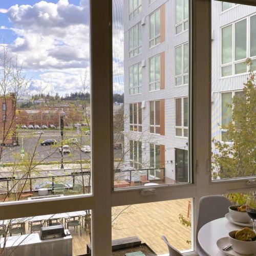 A perfect view of the rooftop deck. All windows have full lenth blackout shades