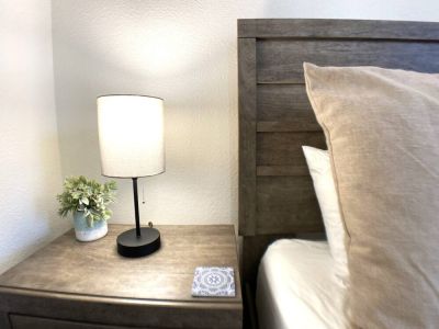 USB bedside lamps for easy device charging.