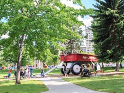 Riverfront Park-The Red Wagon Meadow is home to one of Spokane’s most cherished pieces of public art–The Childhood Express. The sculpture is a 12-foot-high, 12-foot-wide, and 27-foot-long. Kids enjoy the play structure with monkey bars and a slide.