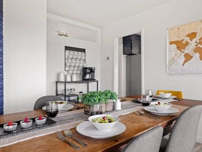 Enjoy dining in our 10-seater dining table or try the restaurants/bars within just a few steps away.