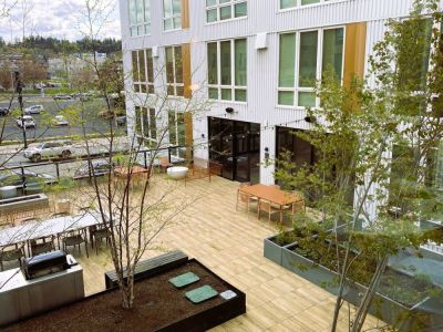 Bird's eye view of the rooftop deck from the kitchen/dining windows.
