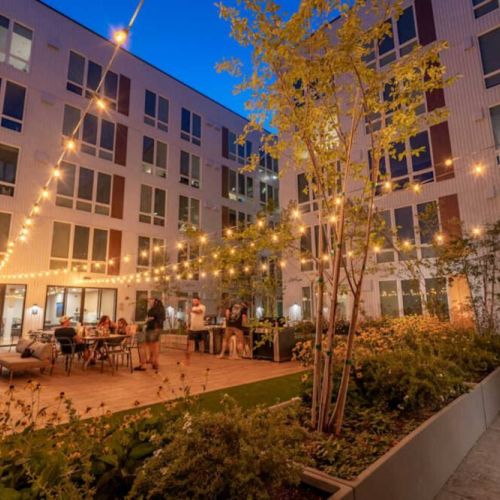 Outdoor lighting creates a great ambiance for dining under the stars.