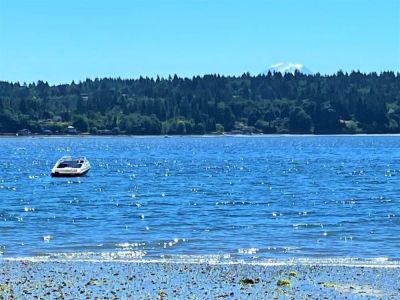 This enchanting house offers a breathtaking view as Mount Rainier peeks over Maury Island, a sight that never fails to captivate and inspire.