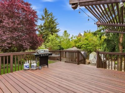 Large outdoor deck just off of the kitchen.