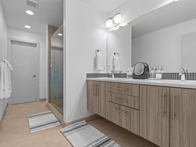 Double Vanity with Quartz countertop provides plently of space to get ready for the day's adventures or a night of rest.