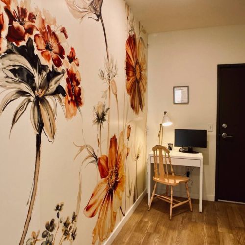 Entry way includes the workstation, coat rack, and full length mirror.