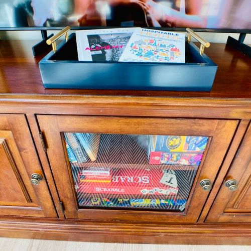 Board games, card games, puzzles, and books for indoor fun.