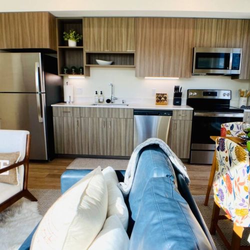 View of the full kitchen from the living room.  Fully stocked and ready for you to prep your favorite home-cooked meal.