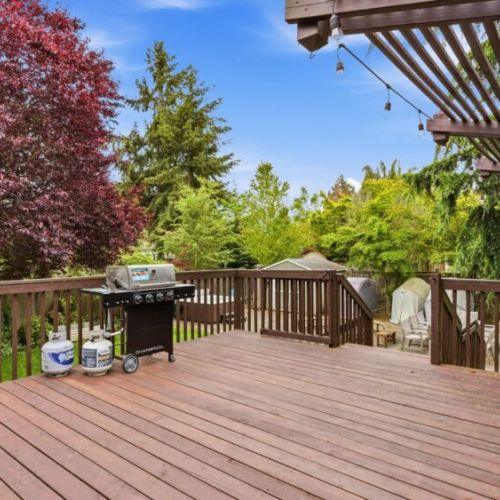 Large outdoor deck just off of the kitchen.