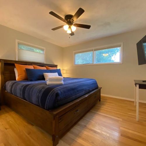Sink into blissful comfort of our luxurious king bed, where you can unwind and enjoy your favorite movie in style on the 55" Smart TV.