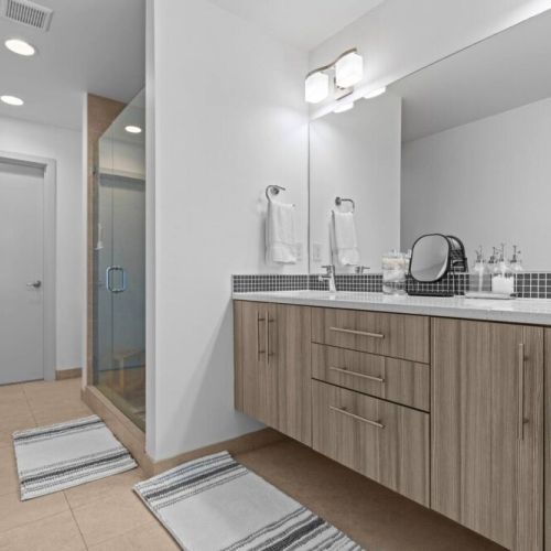 Double Vanity with Quartz countertop provides plently of space to get ready for the day's adventures or a night of rest.