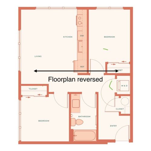 Downtown Luxe floor plan, in reverse. Entry, laundry, and bedroom 1 are on the left. Bedroom 2, kitchen, living, and dining are on the right.