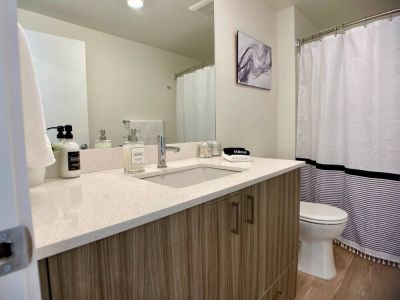 A spacious Full Bathroom features an extra wide quartz vanity.