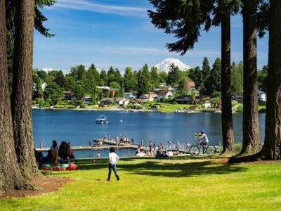 Angle Lake. 1.8 miles-10 acre park with boat launch, fishing, playground, and water spray park