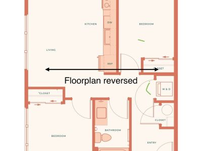 Downtown Luxe floor plan, in reverse. Entry, laundry, and bedroom 1 are on the left. Bedroom 2, kitchen, living, and dining are on the right.