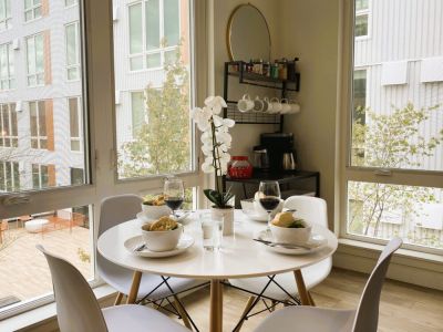 Enjoy views of downtown and the rooftop deck.