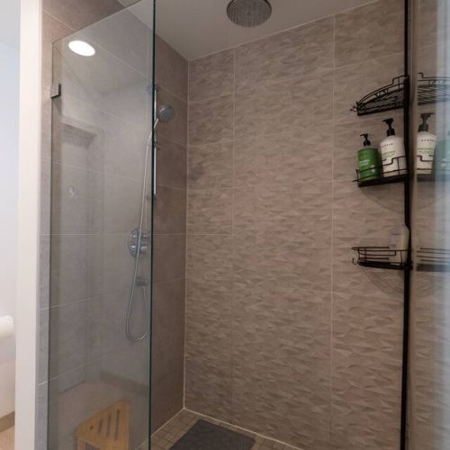 Every day is a spa day with a rain shower. The Bidet and Walk-in Closet are to the left ofthe shower.